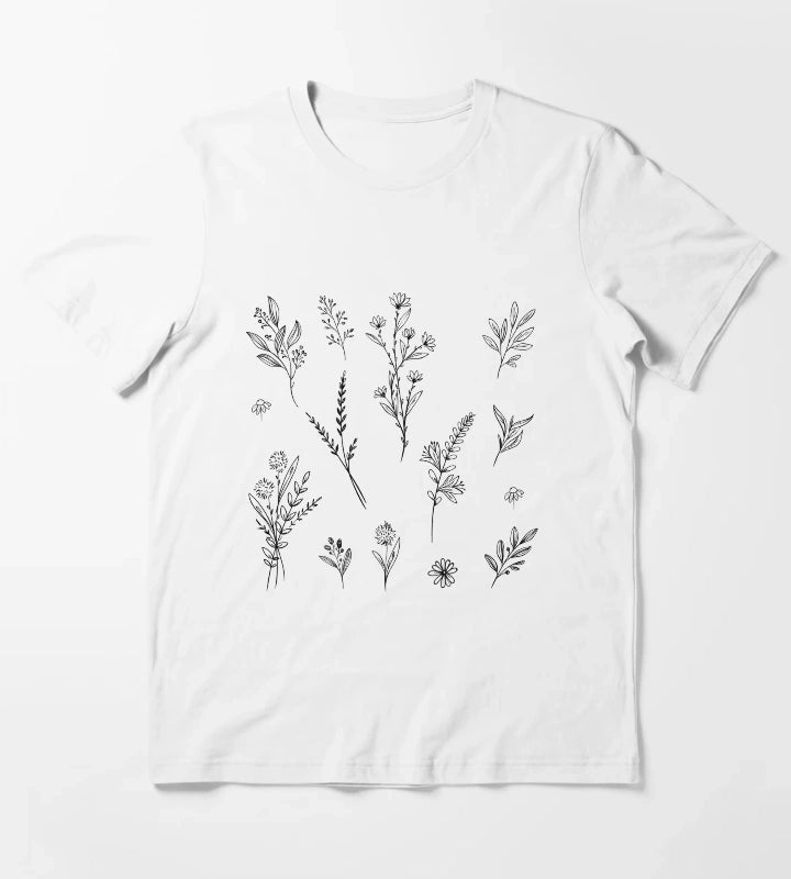Handdrawn Wildflower Stickers T-Shirt White