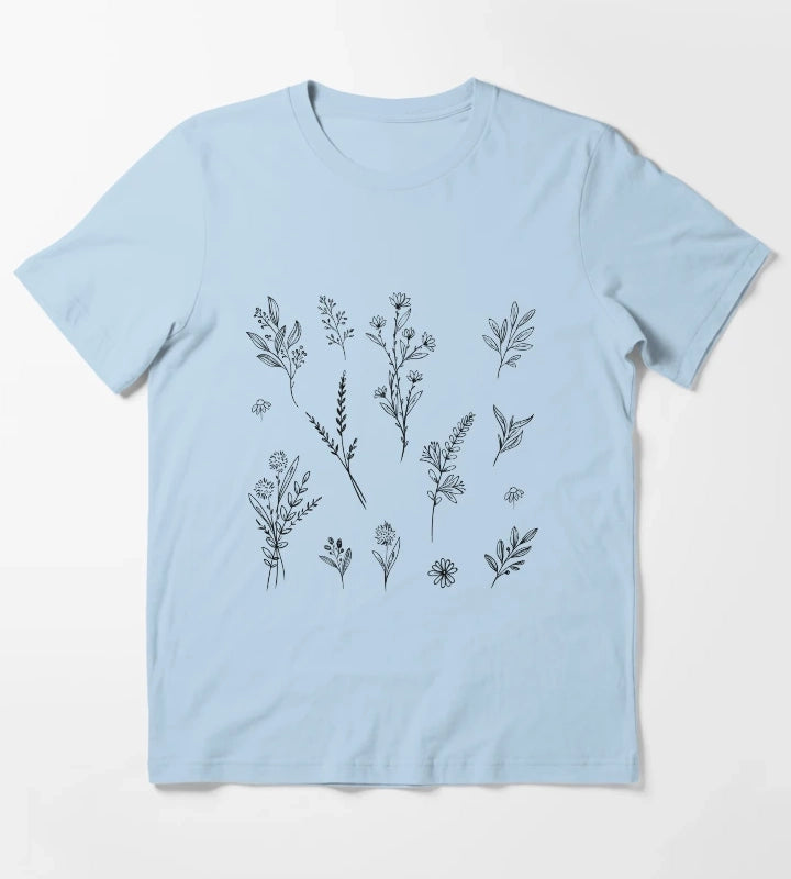 Handdrawn Wildflower Stickers T-Shirt Sky Blue