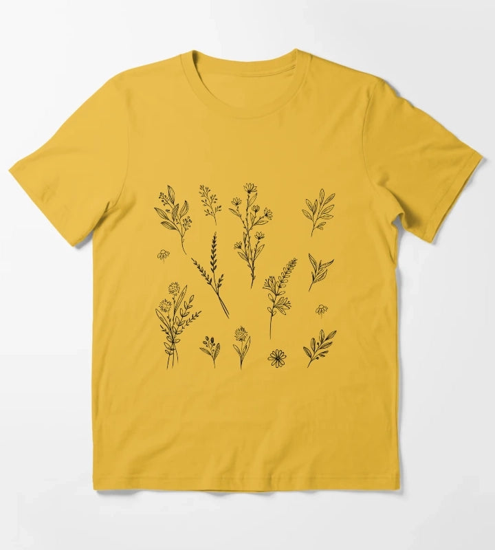 Handdrawn Wildflower Stickers T-Shirt Yellow