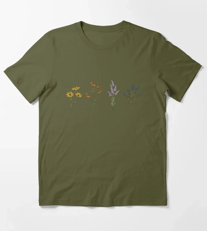 Handdrawn Wildflowers T-Shirt Olive Green