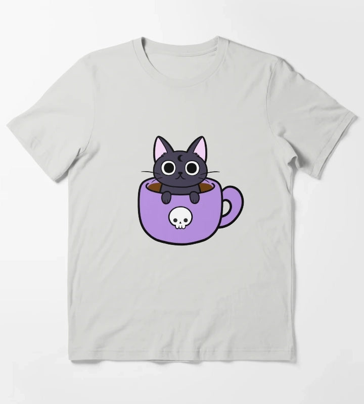 Happy Coffee Cat Nikury T-Shirt Light Grey