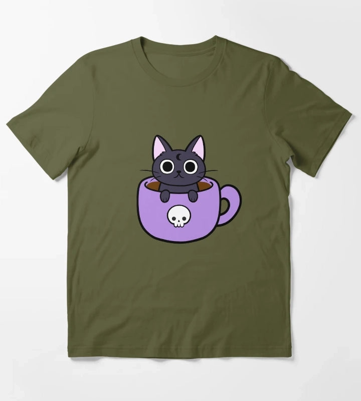 Happy Coffee Cat Nikury T-Shirt Olive Green