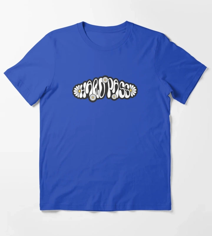 Hard Pass Groovy Retro 70s Daisy Typography T-Shirt Blue