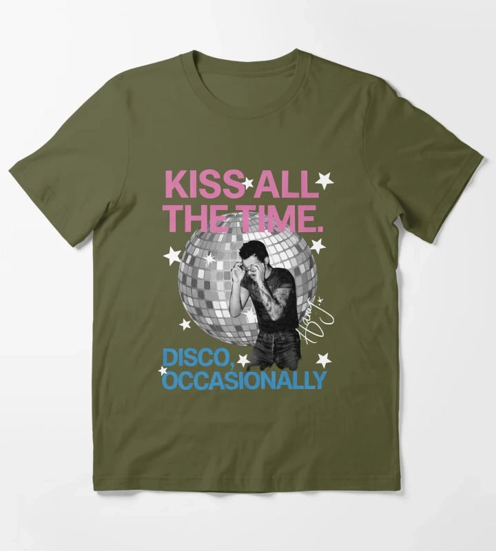 Harry Style Kiss All The Time Disco Occasionally Disco Ball Love On Tour T-Shirt Olive Green