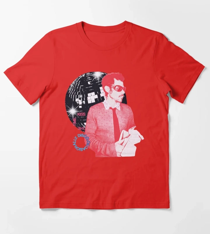 Harry Styles Kiss All The Time Disco Occasionally Seated Side View on a Disco Ball HS Concert T-Shirt Red