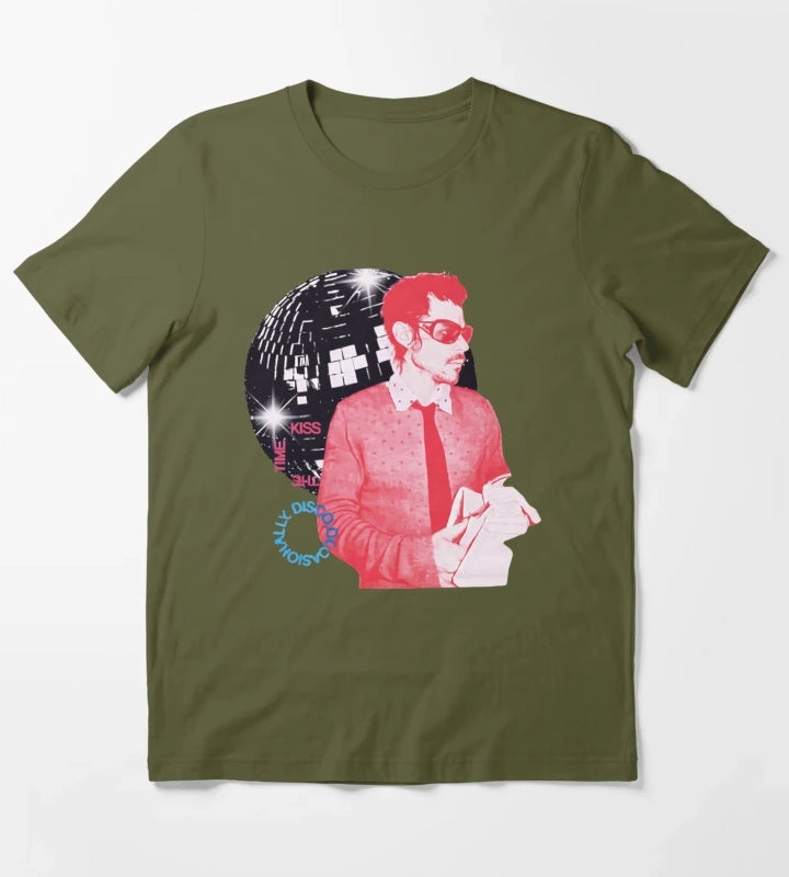 Harry Styles Kiss All The Time Disco Occasionally Seated Side View on a Disco Ball HS Concert T-Shirt Olive Green