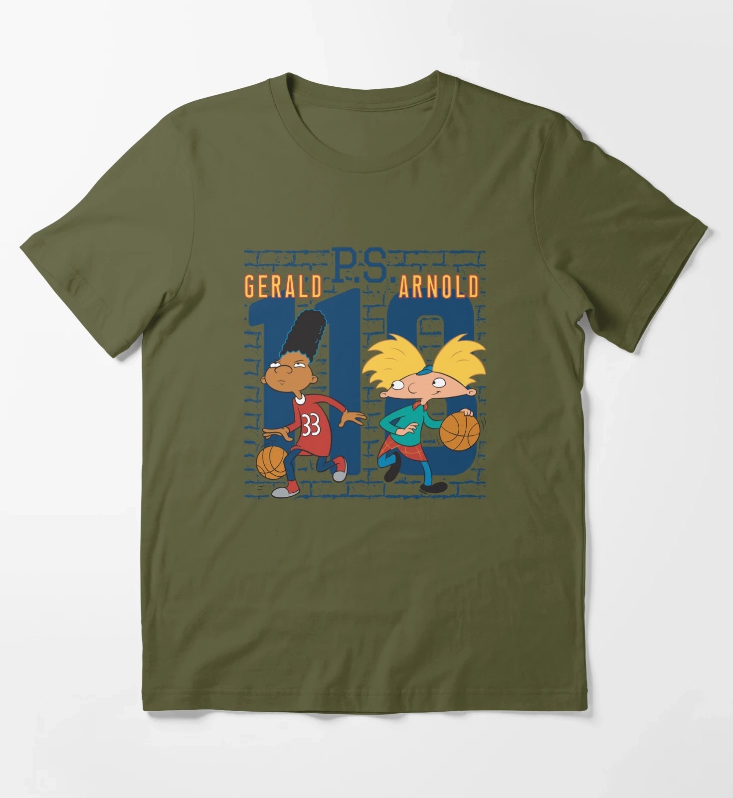 Hey Arnold Gerald PS Arnold 118 Collegiate Big Chest Logo T-Shirt Olive Green