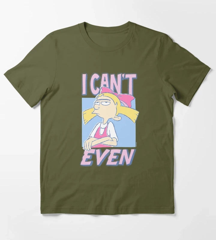 Hey Arnold Iconic Helga Pataki I Cant Even Big Chest Logo T-Shirt Olive Green