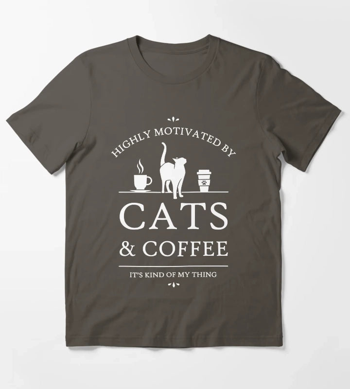 Highly Motivated by Cats and Coffee T-Shirt Dark Grey
