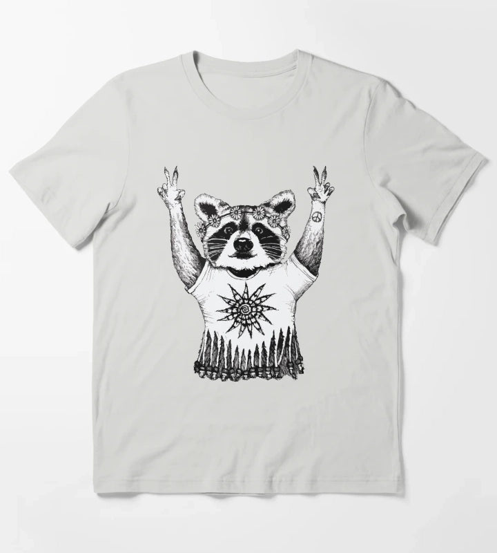 Hippie Raccoon T-Shirt Light Grey