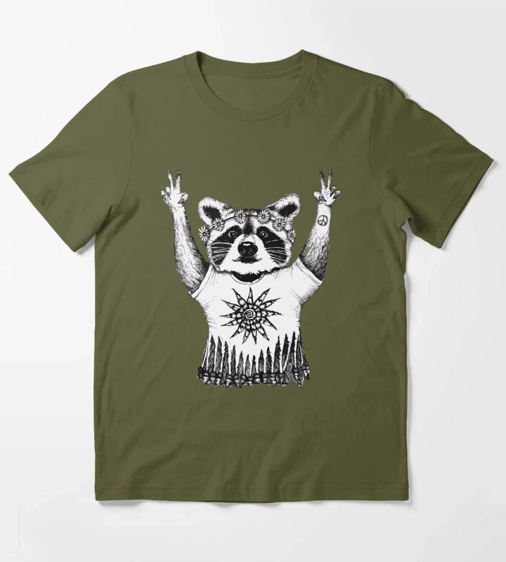 Hippie Raccoon T-Shirt Olive Green