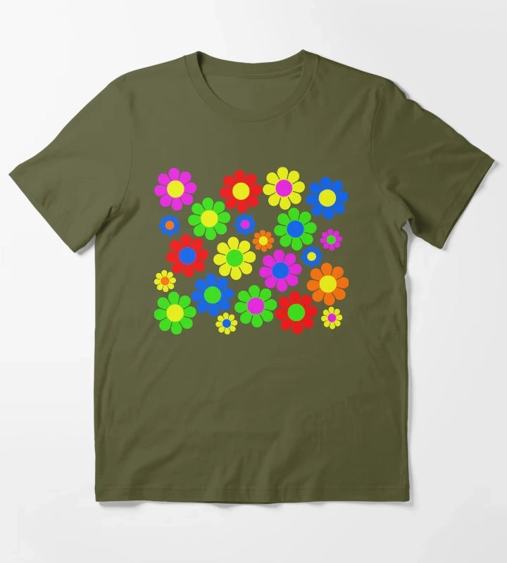 Hippy Flower Daisy Spring Pattern T-Shirt Olive Green
