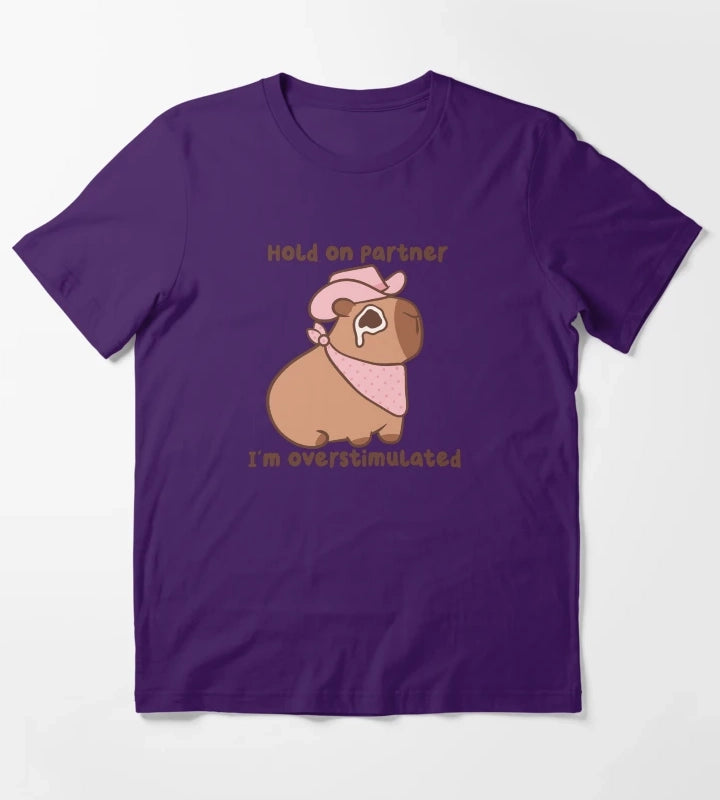Hold On Partner Im Overstimulated Cowboy Capybara T-Shirt Purple