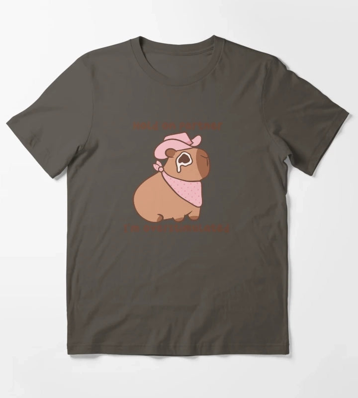 Hold On Partner Im Overstimulated Cowboy Capybara T-Shirt Dark Grey