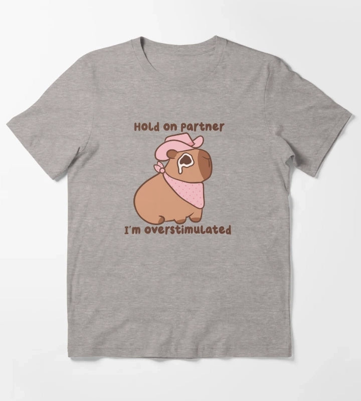 Hold On Partner Im Overstimulated Cowboy Capybara T-Shirt Heather Grey