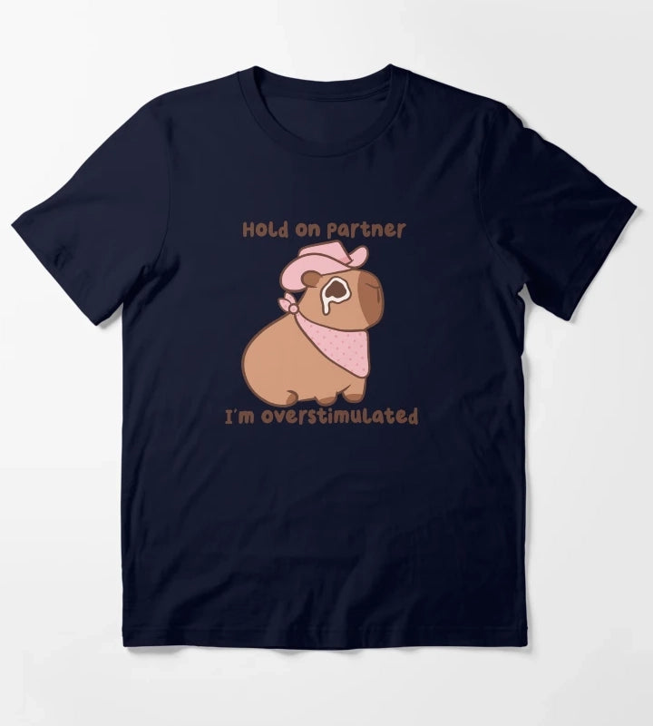 Hold On Partner Im Overstimulated Cowboy Capybara T-Shirt Navy