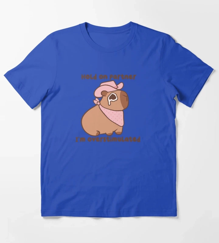 Hold On Partner Im Overstimulated Cowboy Capybara T-Shirt Blue