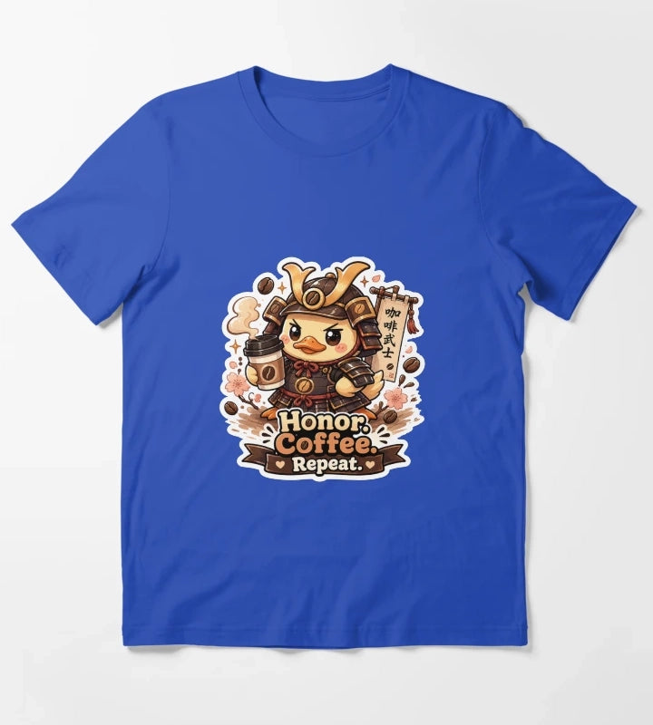 Honor Coffee Repeat Samurai Duck Shirt Cute Coffee Warrior Funny Caffeine Lover Gift T-Shirt Blue
