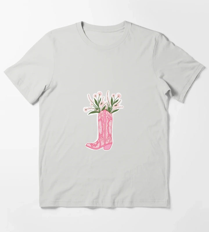 Hot Pink Cowboy Boot with Flowers T-Shirt Light Grey