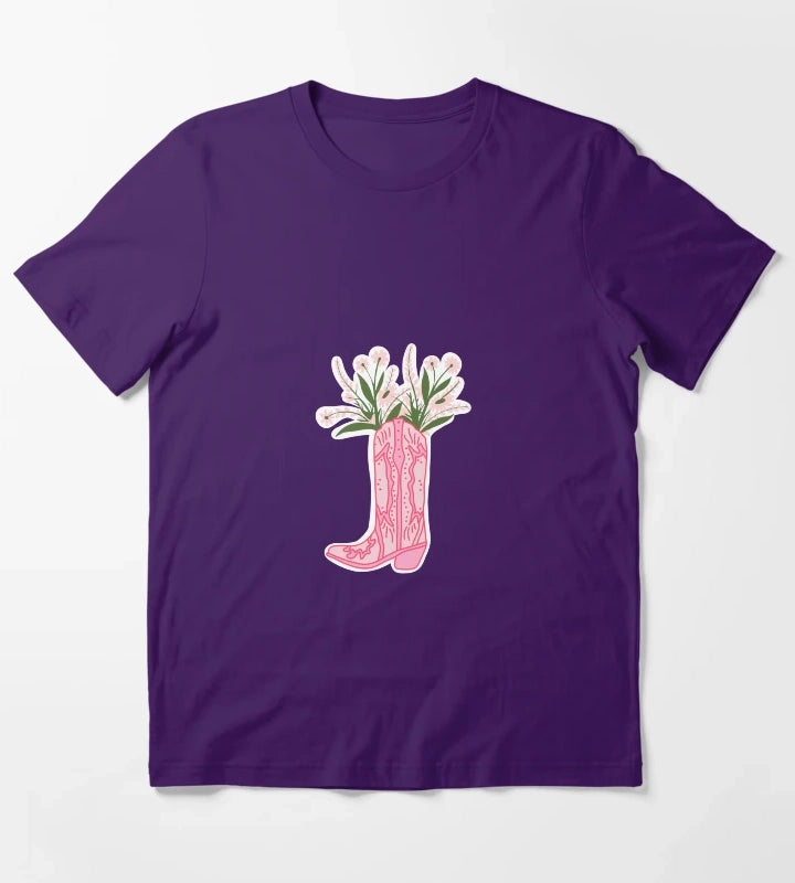 Hot Pink Cowboy Boot with Flowers T-Shirt Purple