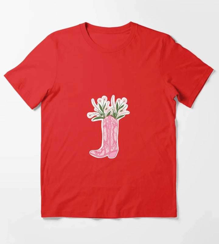 Hot Pink Cowboy Boot with Flowers T-Shirt Red