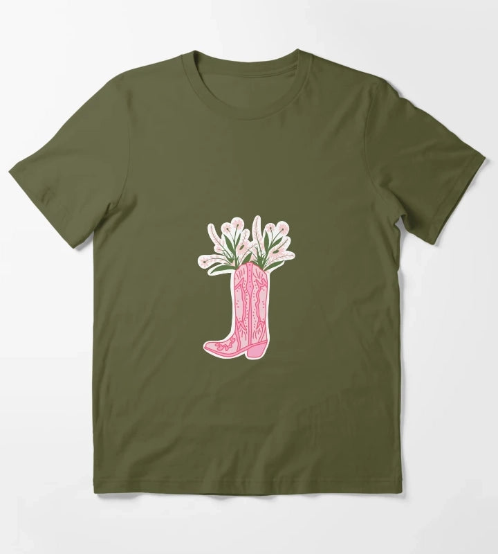 Hot Pink Cowboy Boot with Flowers T-Shirt Olive Green