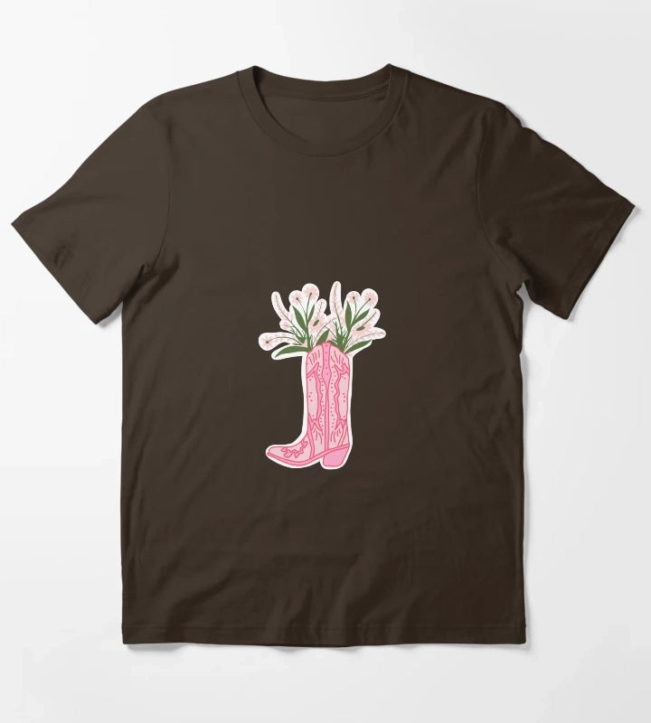 Hot Pink Cowboy Boot with Flowers T-Shirt Brown