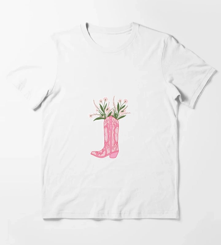 Hot Pink Cowboy Boot with Flowers T-Shirt White