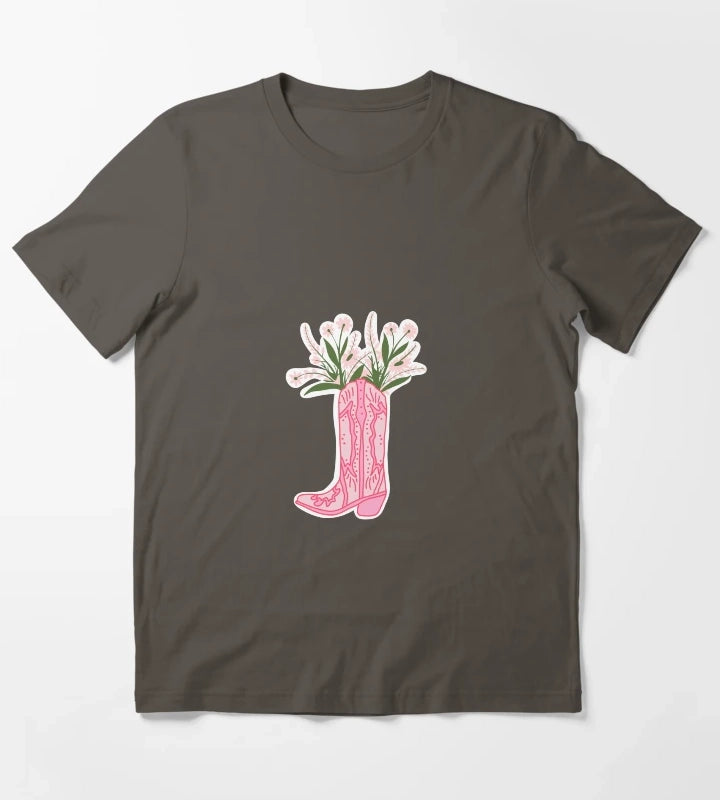 Hot Pink Cowboy Boot with Flowers T-Shirt Dark Grey