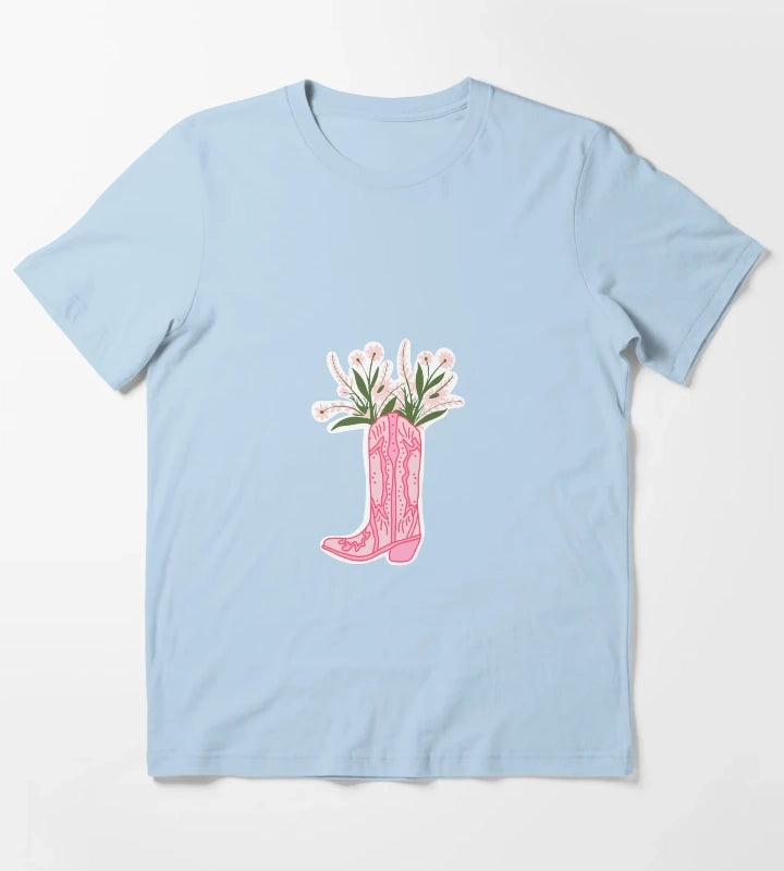 Hot Pink Cowboy Boot with Flowers T-Shirt Sky Blue