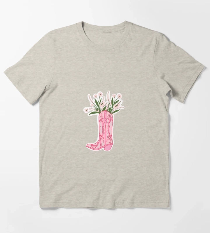 Hot Pink Cowboy Boot with Flowers T-Shirt Cream