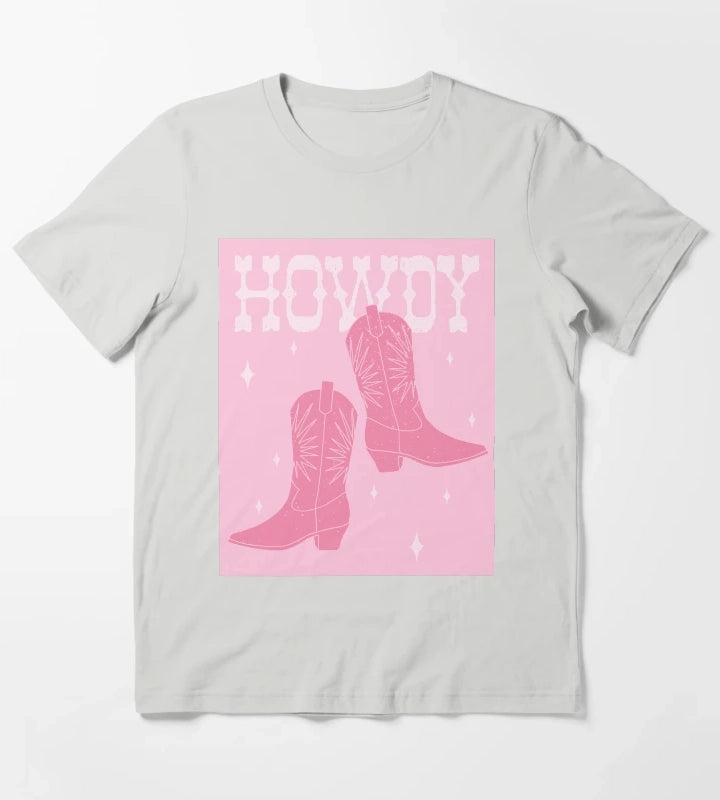 Howdy Blush Pink Cowgirl Boots T-Shirt Light Grey