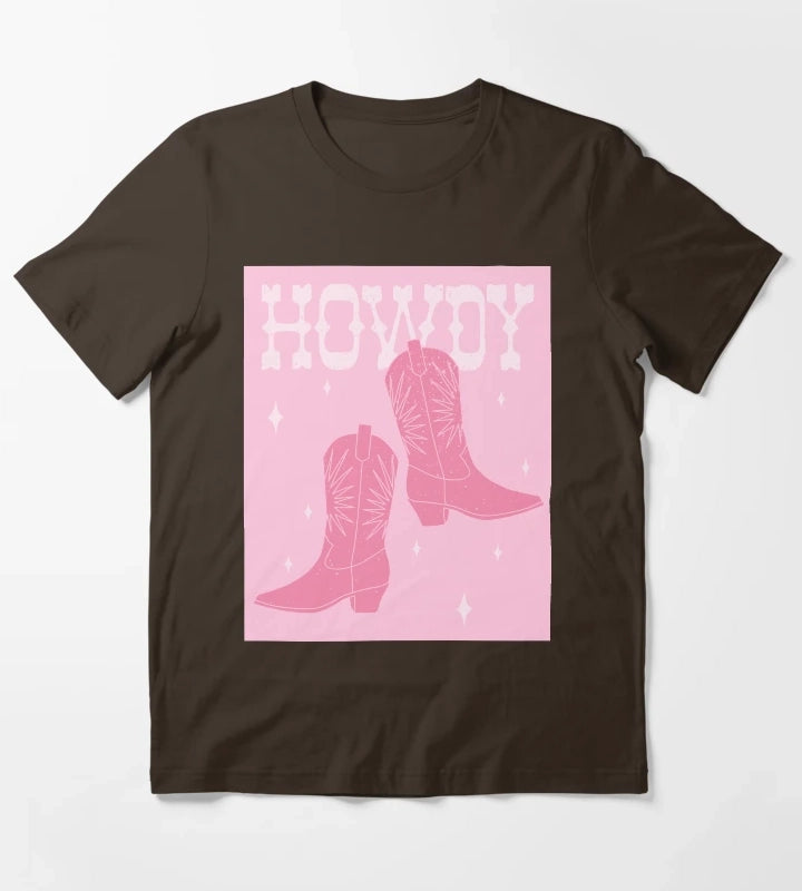 Howdy Blush Pink Cowgirl Boots T-Shirt Brown