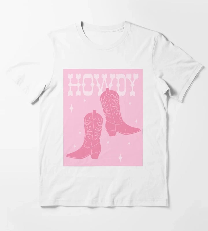Howdy Blush Pink Cowgirl Boots T-Shirt White