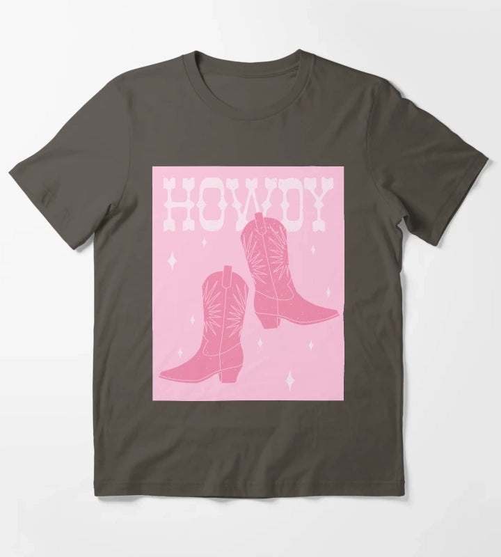 Howdy Blush Pink Cowgirl Boots T-Shirt Dark Grey