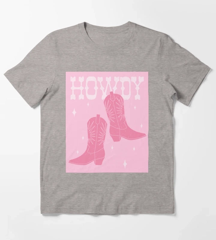 Howdy Blush Pink Cowgirl Boots T-Shirt Heather Grey
