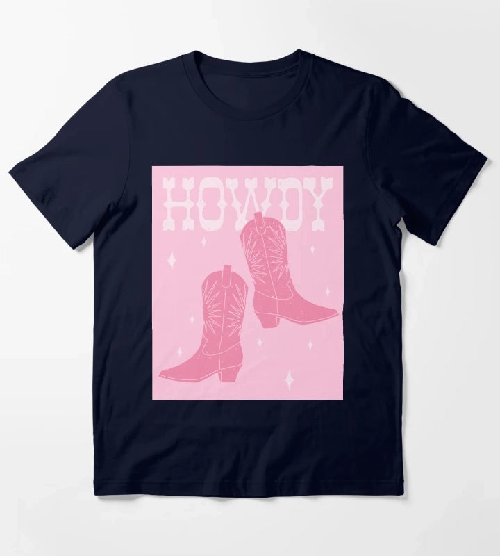 Howdy Blush Pink Cowgirl Boots T-Shirt Navy