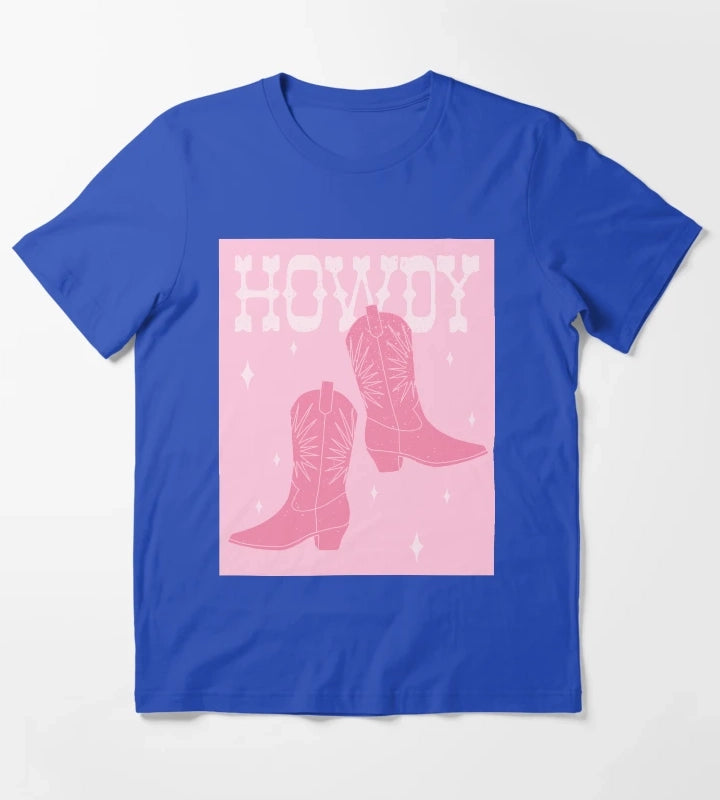 Howdy Blush Pink Cowgirl Boots T-Shirt Blue