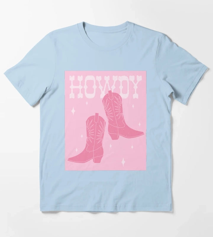 Howdy Blush Pink Cowgirl Boots T-Shirt Sky Blue