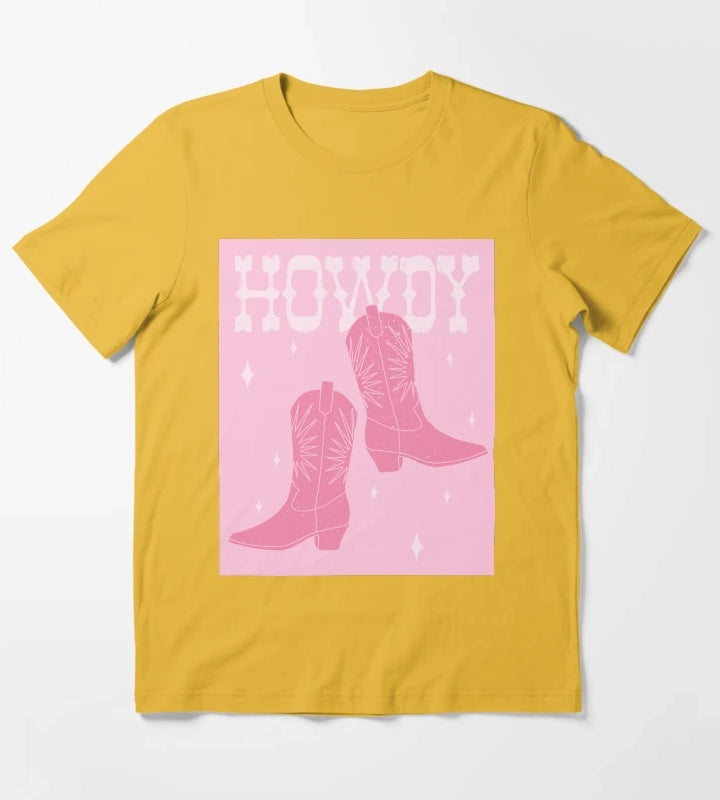 Howdy Blush Pink Cowgirl Boots T-Shirt Yellow