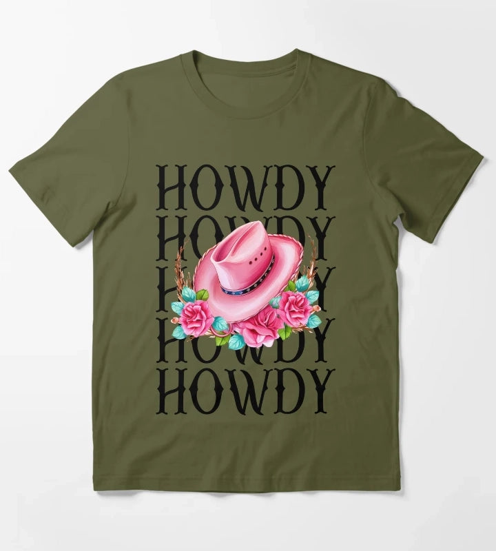Howdy Cowgirl Pink Cowgirl hat T-Shirt Olive Green