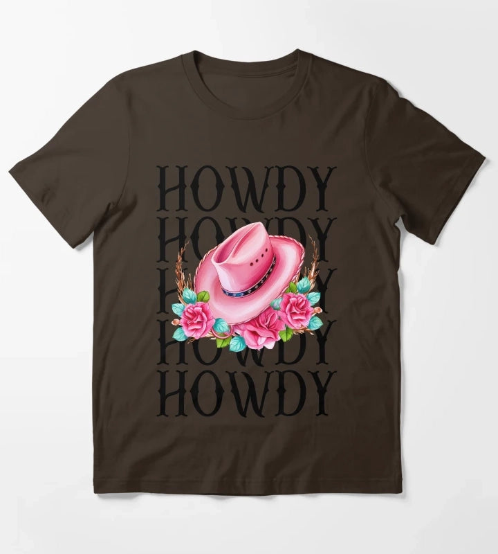 Howdy Cowgirl Pink Cowgirl hat T-Shirt Brown