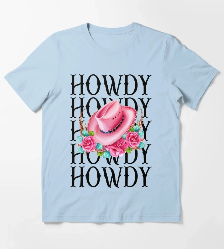 Howdy Cowgirl Pink Cowgirl hat T-Shirt Sky Blue