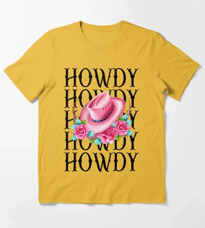 Howdy Cowgirl Pink Cowgirl hat T-Shirt Yellow