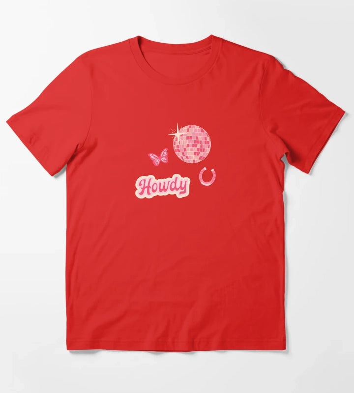 Howdy Disco Cowgirl Collage Pattern T-Shirt Red
