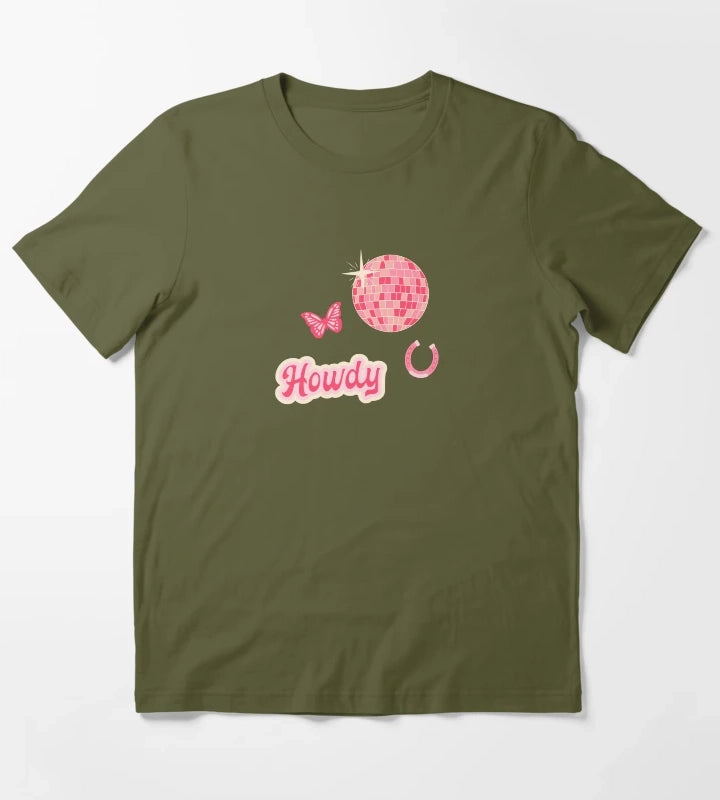 Howdy Disco Cowgirl Collage Pattern T-Shirt Olive Green
