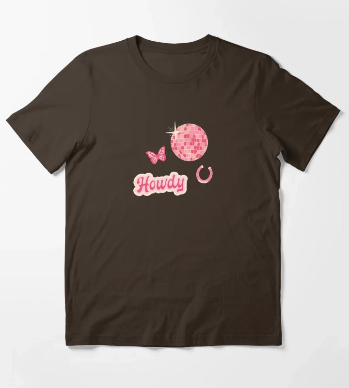 Howdy Disco Cowgirl Collage Pattern T-Shirt Brown