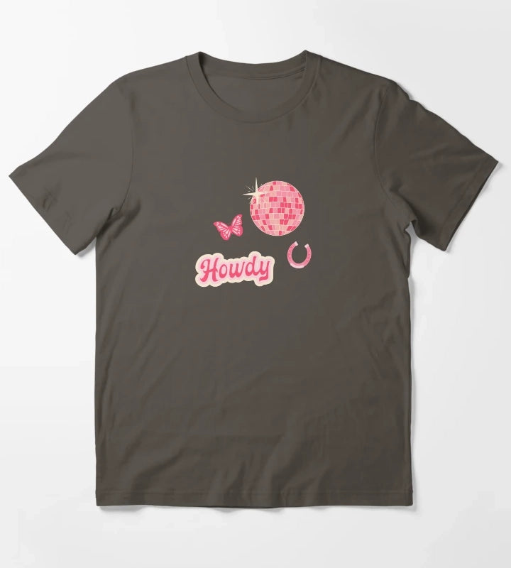 Howdy Disco Cowgirl Collage Pattern T-Shirt Dark Grey