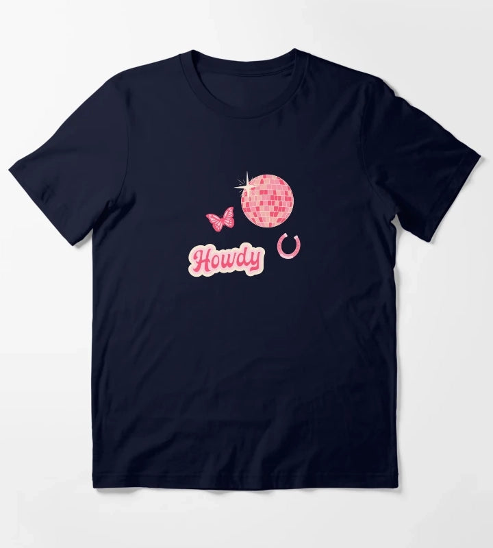 Howdy Disco Cowgirl Collage Pattern T-Shirt Navy