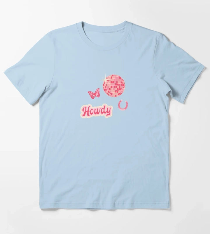 Howdy Disco Cowgirl Collage Pattern T-Shirt Sky Blue